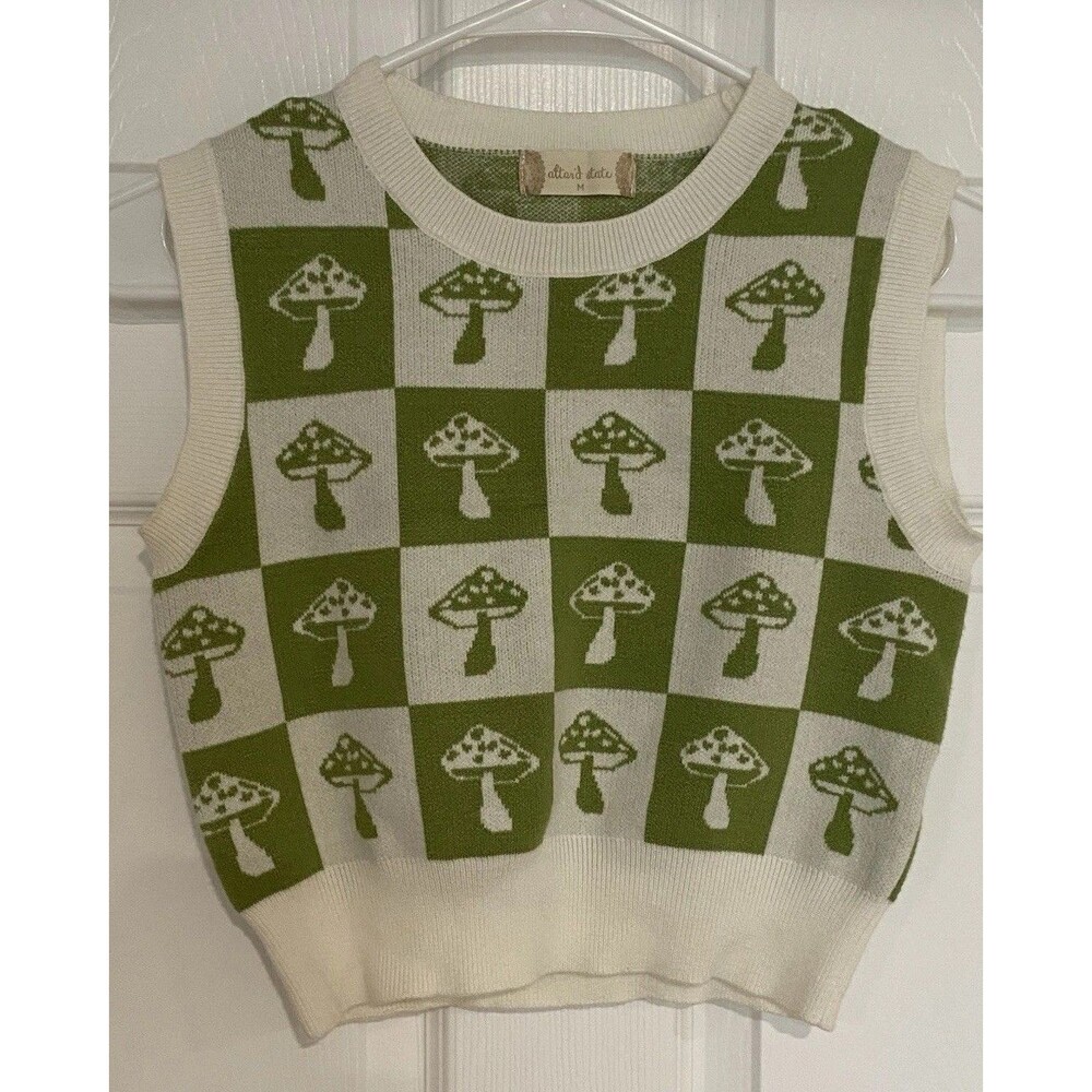 Altar’d State Sleeveless Hippie Festival Crop Vest Check Mushroom M Y2K Retro